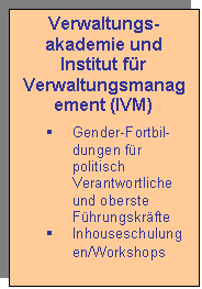Textfeld: Verwaltungs-akademie und
Institut für Verwal-tungsmanagement (IVM)
§ Gender-Fortbil-dungen für poli-tisch Verantwort-liche und oberste Führungskräfte
§ Inhouseschulun-gen/Workshops