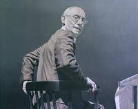 Gemälde eines älteren Mannes, der auf einem Stuhl sitzt und gerade aufsteht. Dabei dreht er sich nach hinten und schaut zum Betrachter. Er trägt eine Brille und hat keine Haare.