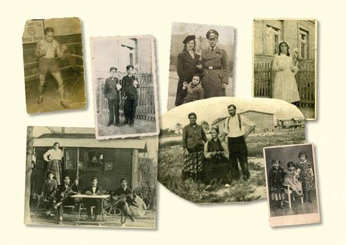 Eine Collage aus Schwarz Weiß Fotos von Sinti und Roma.
