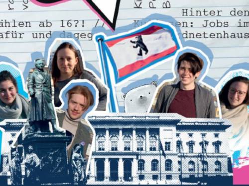 Eine Collage von verschiedenen jungen Menschen, der Berliner Flagge, einem Eisbären, einer Statue und dem Abgeordnetenhaus Berlin.
