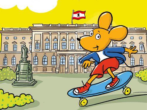 Eine Comiczeichnung von einer Maus die Skateboard fährt. Im Hintergrund das Abgeordnetenhaus Berlin mit Berliner Flagge.