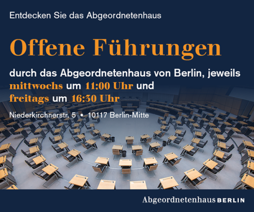 Anzeige für die Offenen Hausführungen mit Bild vom Plenarsaal.