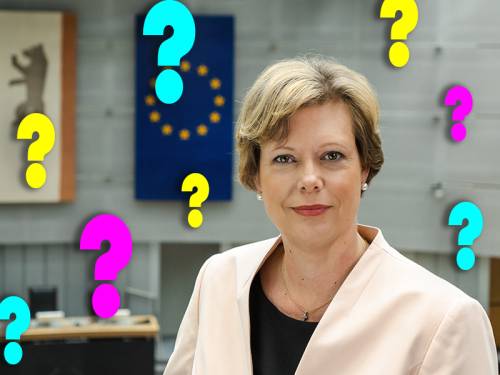 Portrait der Präsidentin des Abgeordnetenhauses von Berlin, Cornelia Seibeld. Um sie herum sind bunte Fragezeichen in Comic-Schrift.