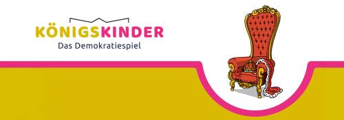 Logo zu "Königskinder - Das Demokratiespiel" mit Thron im Comicstil